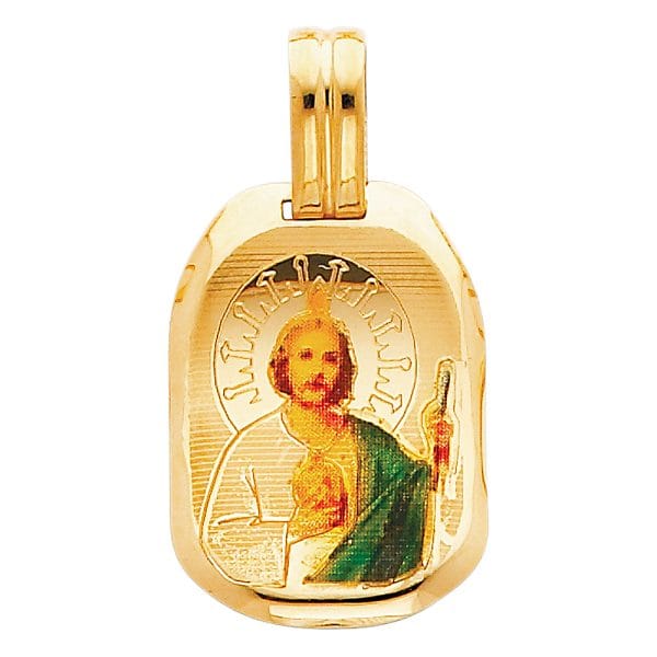 14KY San Judas Picture Pendant with Hand on Heart