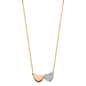 14K 3C Two Heart CZ Necklaces