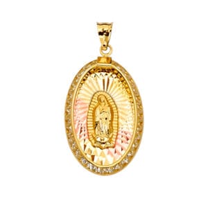 14K 3C CZ Guadalupe Medal Pendant S13