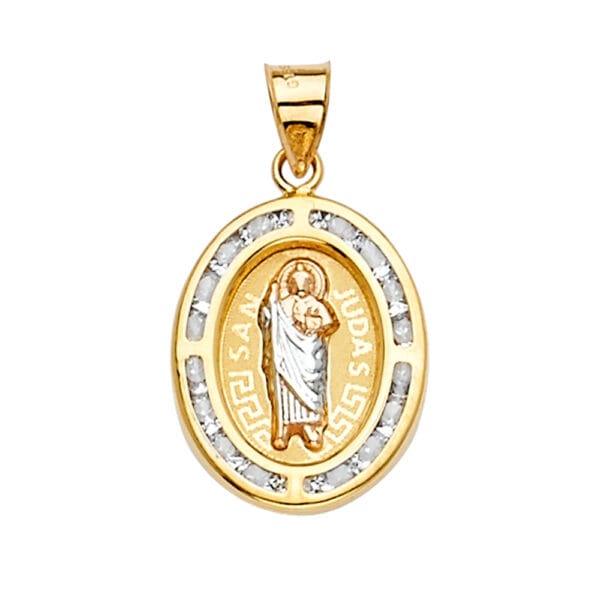 14K 3C CZ San Judas Medal Pendant with Engraved letters
