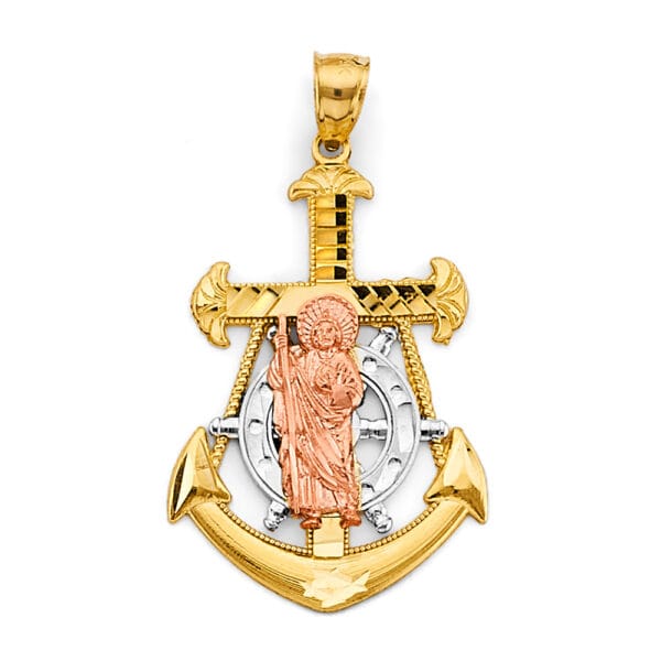 14K 3C Anchor San Judas Pendant with Rose, White and Yellow Gold