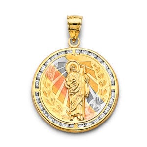 14K 3C CZ Round San Judas Pendant with Olive Leaves