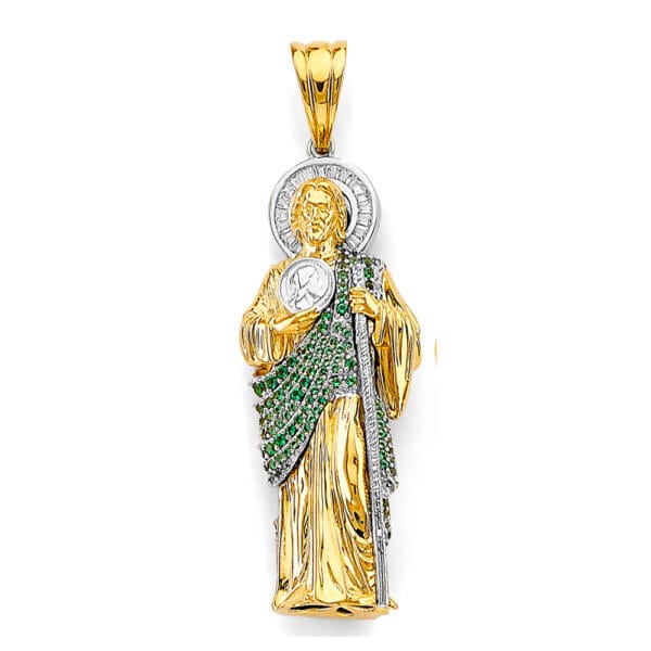 14K 2T White and Green CZ San Judas Whole Body 3D Pendant