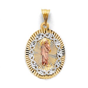 14K 3C Stamp San Judas Pendant with Gold Rays and White Thorns