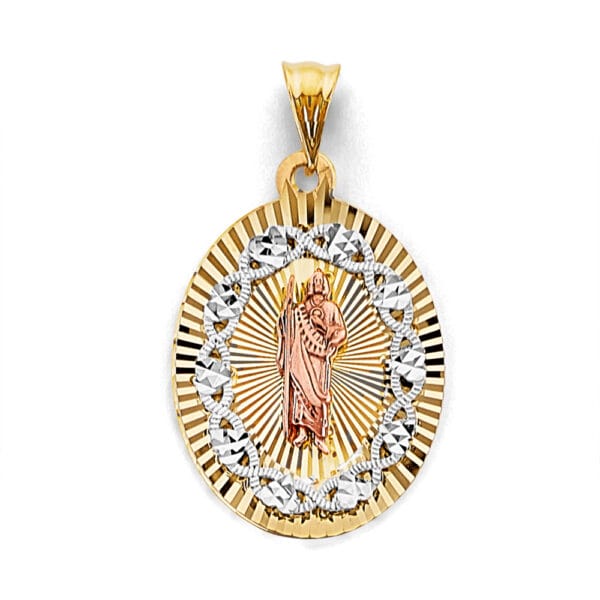 14K 3C Stamp San Judas Pendant with Gold Rays and White Thorns