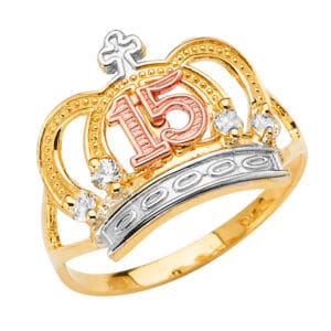 14K 3C 15 Years CZ Crown Ring S7
