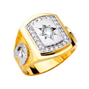 14K 2T Square Men's CZ Ring with Horse Shoe