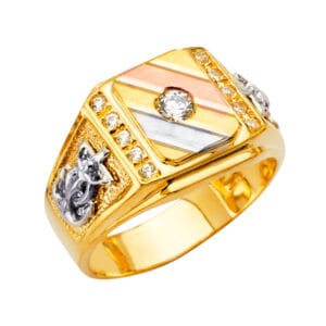 14K 3C Square Men's CZ Ring with Crucifix