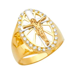 14K Tri Tone Radiant Jesus Oval Gold CZ Crucifix Ring