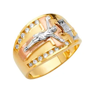 14K Tri Color Gold Jesucristo Men's Cubic Zirconia Ring
