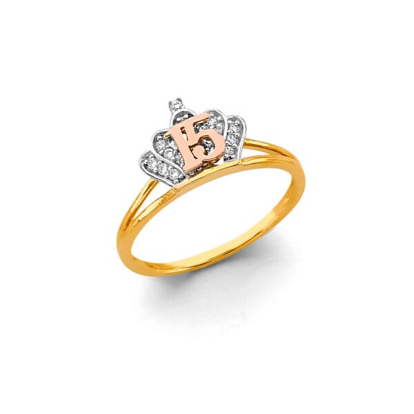 14K 2T 15 Years CZ Crown Ring S3